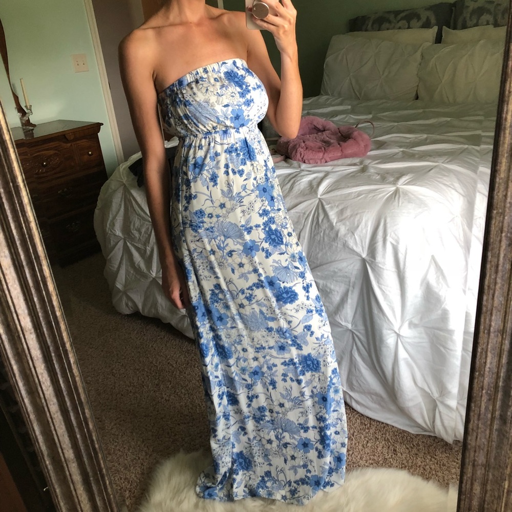 Blue Floral Strapless Maxi Dress